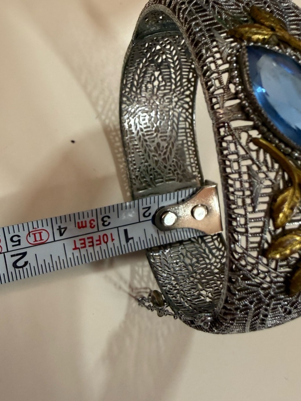 Antique 1920’s Art deco Silver Filagree Pale blue Marquee Glass Wide Bracelet - Picture 10 of 17